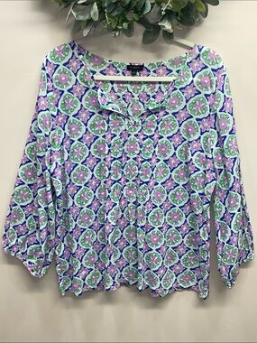 NWOT Talbots Floral Medallion Balloon Sleeve Lightweight Cotton Peasant Top L